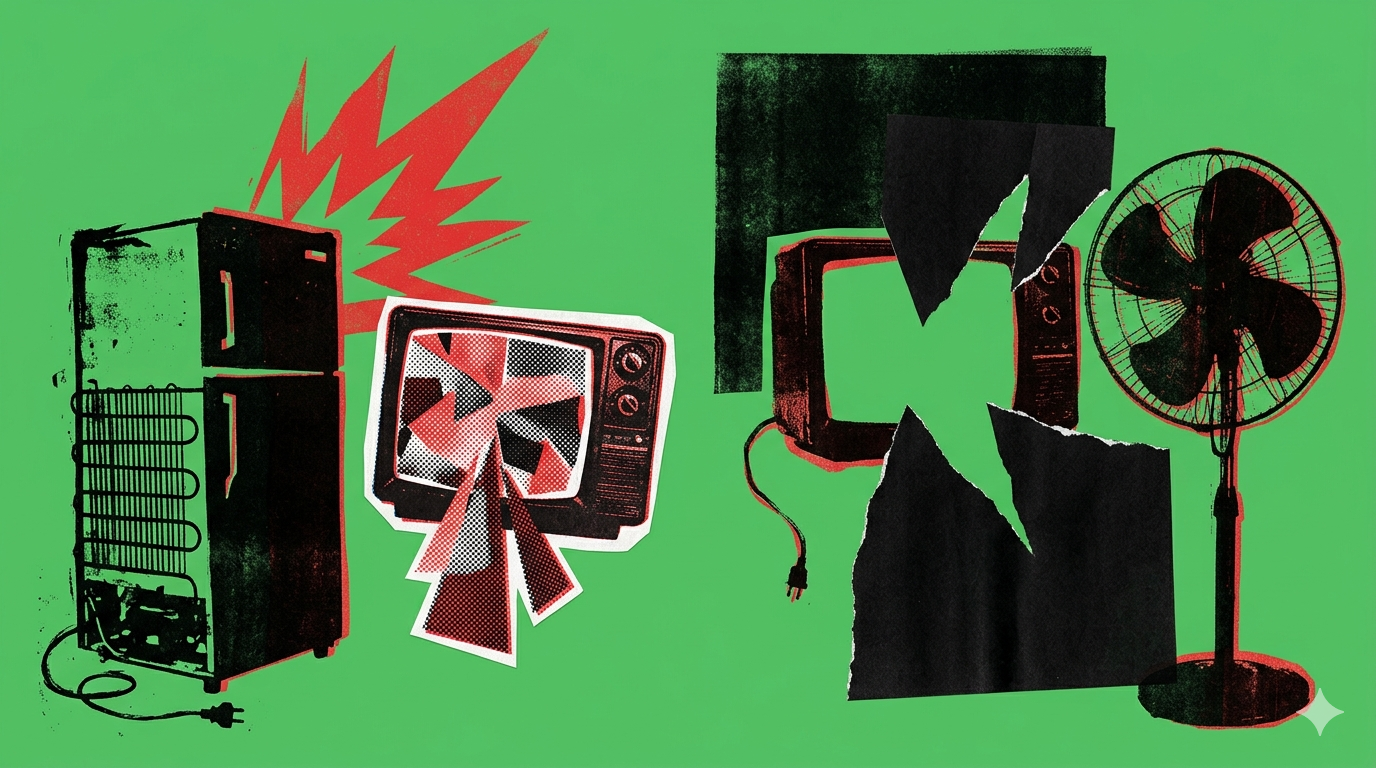 A halftone collage: a fridge unplugged with its coils exposed, a television with its screen replaced by a torn paper explosion, and a standing fan. The three appliances that go silent when the light is taken.
