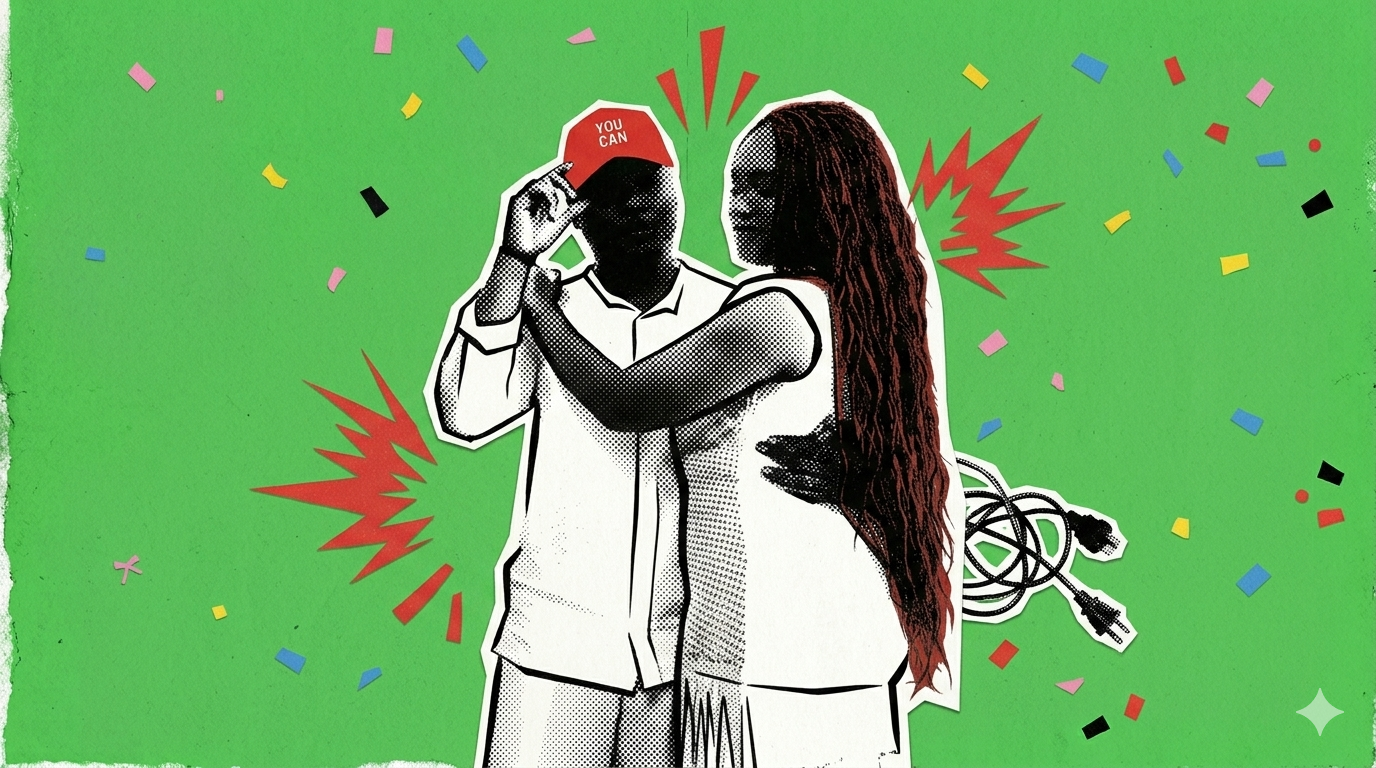 A husband and wife in white wedding attire embracing on a bright green background, rendered in halftone zine style. He tips a red 'YOU CAN' cap over his face; she holds him close. Confetti drifts across the frame, red starburst accents punctuate the composition, and a coiled power cable with plug sits tucked in at her side.