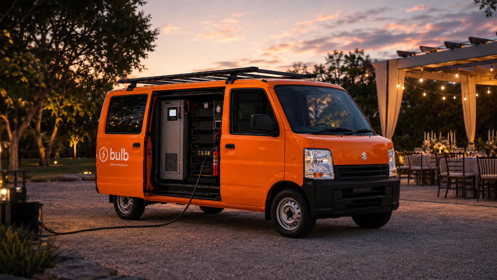 The Bulb deployment van, an orange Suzuki with the 'power everywhere' wordmark, arriving at a Lagos venue at golden hour with its side door open to a rack of distribution gear.