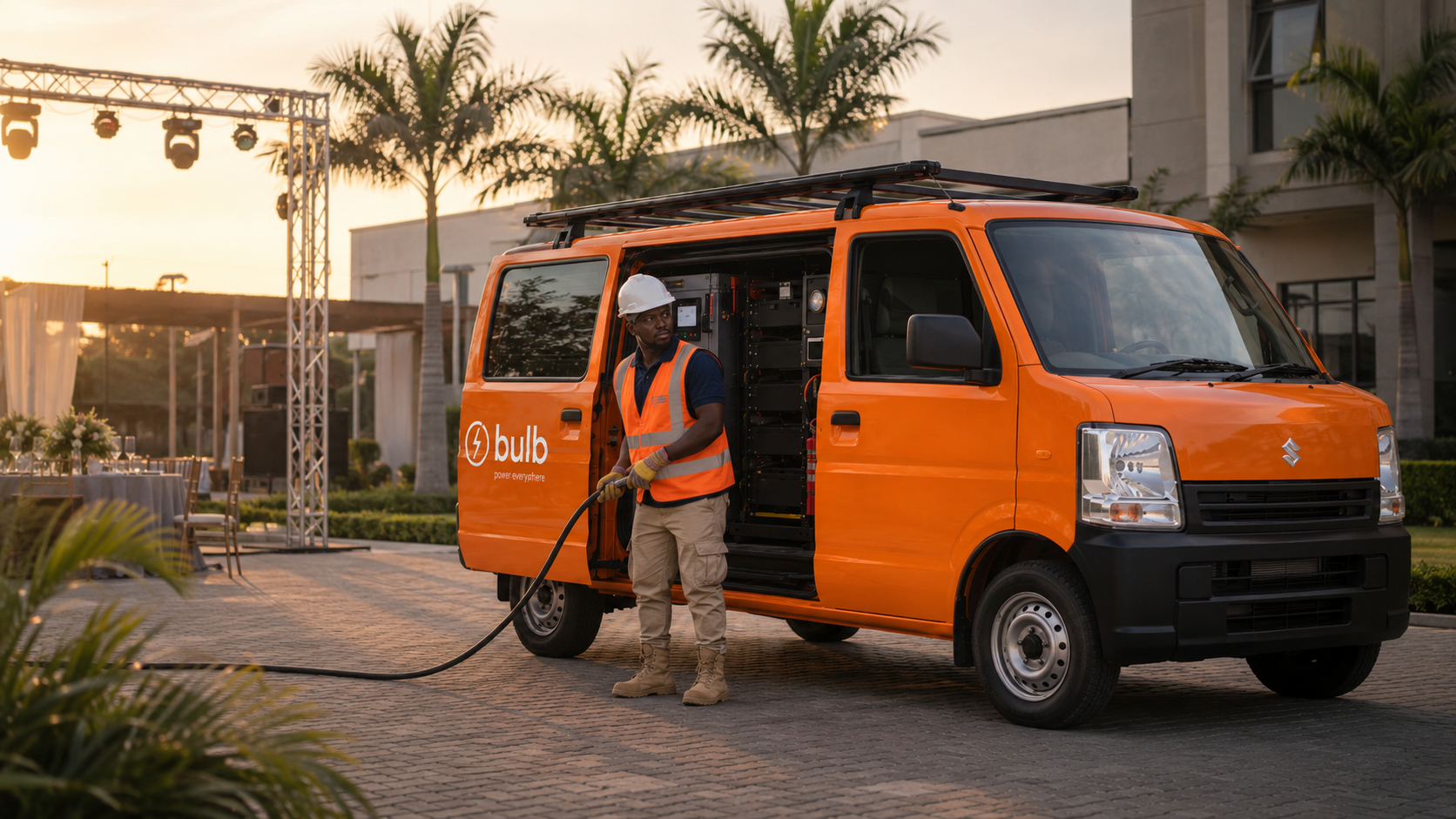 Bulb deployment technician at an Ikoyi venue at sunset: a crew member in an orange Bulb hi-viz vest, white hardhat, navy polo, beige cargo trousers, and tan work boots stands beside the orange Bulb 'power everywhere' Suzuki van with the side door rolled open to reveal a fully-loaded distribution rack and fire extinguisher; the technician holds a thick black power cable mid-run, the cable trailing across brick pavers toward a stage truss with par-can lights and a banquet area with white-linen tables and gold chairs in the background, palm trees and warm golden-hour light.